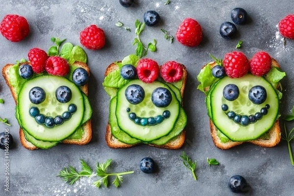 Fototapeta Vibrant Cucumber and Blueberry Toast with Herbs and Adorable Smiley Faces on Grey Background. AI generated illustration.