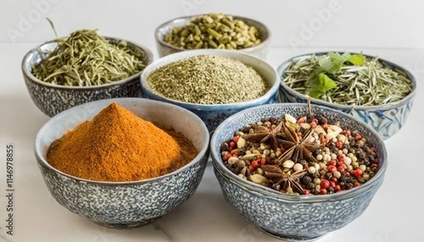 Obraz Assortment of Dried Spices in Bowls Ready for Cooking and Culinary Use