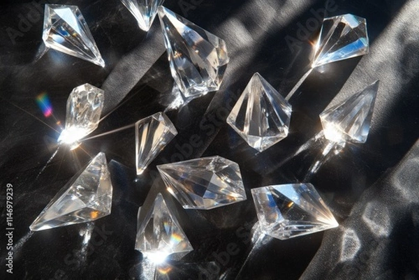 Fototapeta Sparkling crystals scattered on a dark surface, catching the light and creating vibrant rainbows.