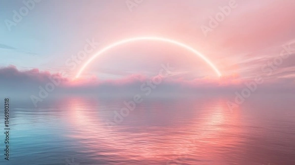 Fototapeta Pastel sunset over calm ocean with glowing arc.