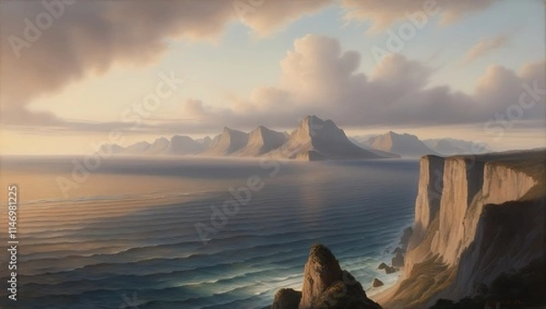 Obraz Capture the serene beauty of nature with this breathtaking sunset view from a towering cliff. The vast ocean stretches endlessly to the horizon, meeting the rugged mountains in a harmonious.