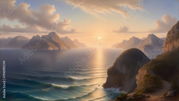 Obraz Capture the serene beauty of nature with this breathtaking sunset view from a towering cliff. The vast ocean stretches endlessly to the horizon, meeting the rugged mountains in a harmonious.