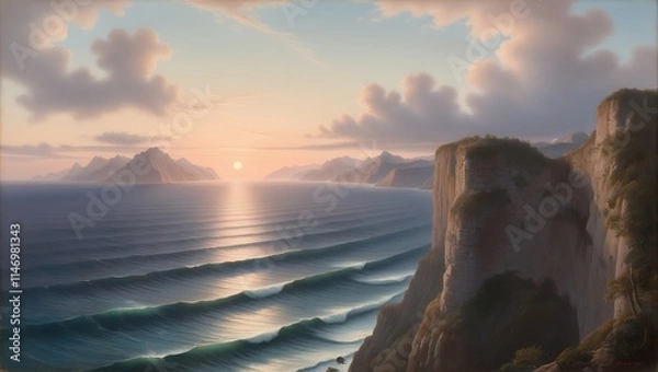 Obraz Capture the serene beauty of nature with this breathtaking sunset view from a towering cliff. The vast ocean stretches endlessly to the horizon, meeting the rugged mountains in a harmonious.