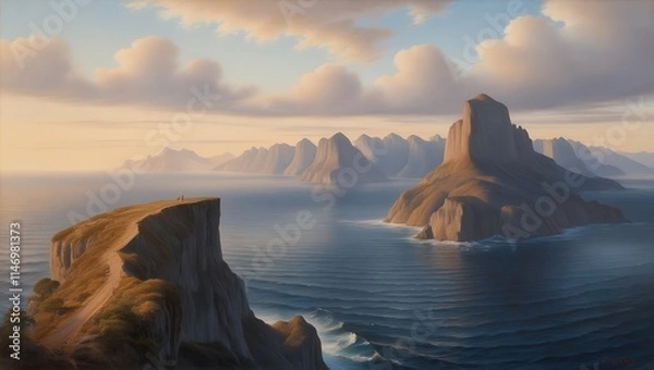 Obraz Capture the serene beauty of nature with this breathtaking sunset view from a towering cliff. The vast ocean stretches endlessly to the horizon, meeting the rugged mountains in a harmonious.