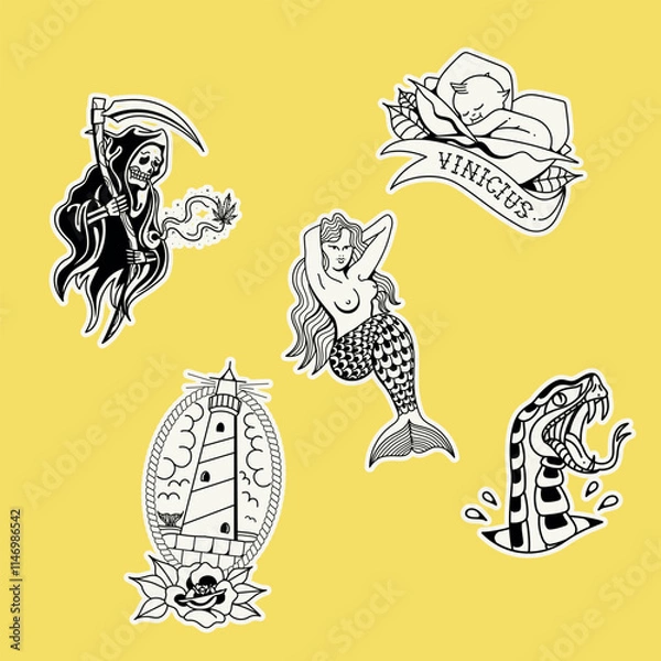 Fototapeta illustrations of old school tattoo designs, mermaid, snake, lighthouse, rose, kewpie, rose, grim reaper, with white sticker border