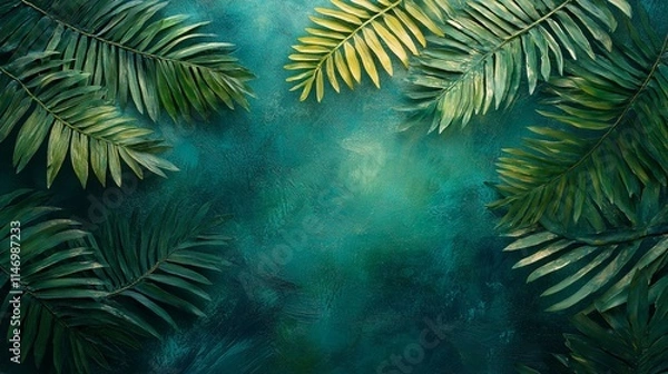 Obraz A painting of palm leaves against a textured teal background.