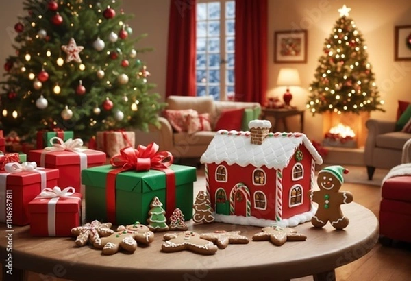 Fototapeta Stunning gingerbread houses decorated with lighted windows, surrounded by delicate snowflakes and gingerbread men on an elegant wooden table, Christmas lights in the background