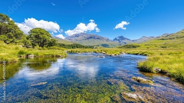 Fototapeta Serene mountain river reflecting sky.