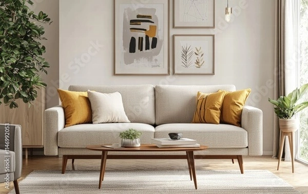 Fototapeta A sleek mid-century modern sofa with clean lines, neutral fabric, and tapered wooden legs