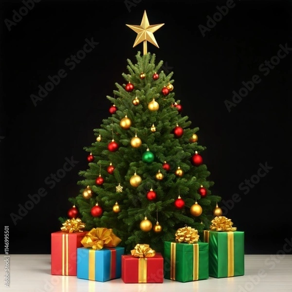 Fototapeta a festive Christmas tree with lush, green branches adorned with gold, red, and yellow ornaments