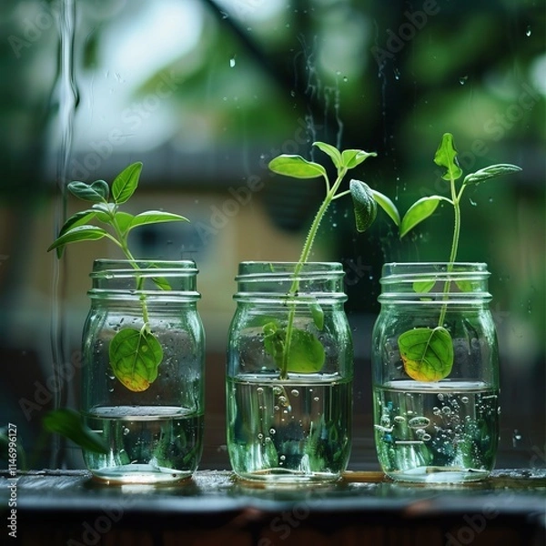 Fototapeta Three small plants sprouting in glass jars filled with water, placed on a windowsill with raindrops on the glass.