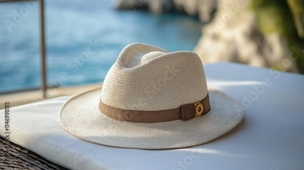 Obraz An elegant Panama hat resting on a white surface with a blurred beach and ocean background