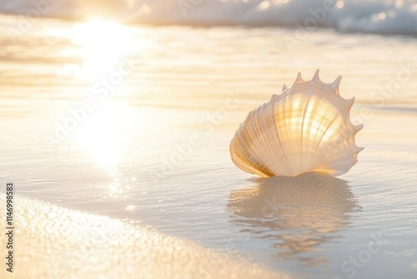 Obraz A seashell rests on a sunlit beach at sunset, reflecting the golden light.