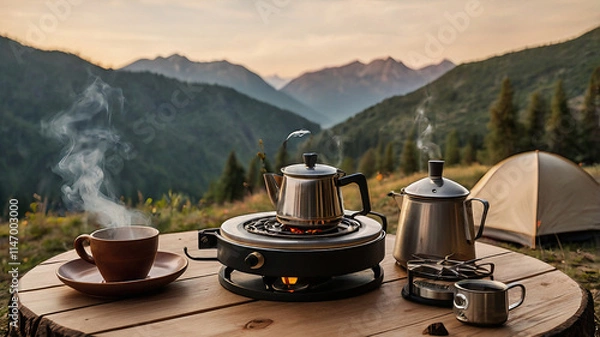 Obraz Wooden table with camping gas stove, teapot, and moka coffee drip cup outdoors, surrounded by mountain scenery, campfire ambiance, and a charming vintage tone.