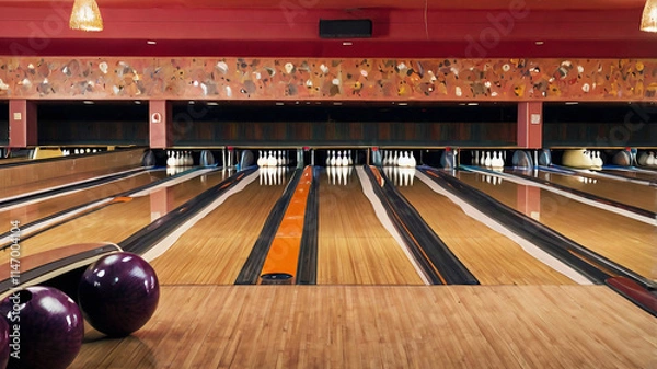 Fototapeta Bowling ball hitting all ten pins in a bowling alley, showcasing energy and precision in a perfect strike. Exciting action scene in sports, dynamic indoor recreational activity.