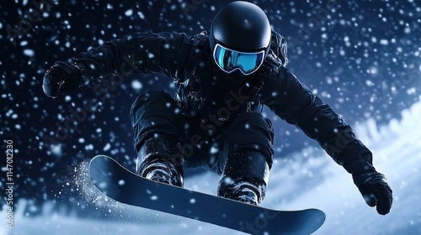 Fototapeta Snowboarder performing a jump during snowfall at night