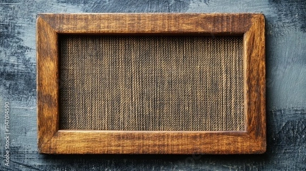 Fototapeta Wooden frame, textured fabric insert, dark background.