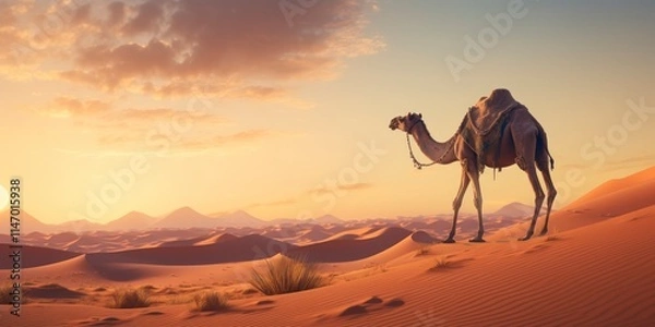 Fototapeta Camel in the desert at sunset.