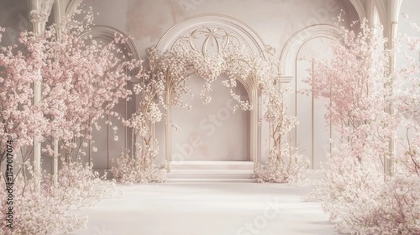 Fototapeta Luxurious White and Gold Hall with Springtime Blossoms - Made with Generative AI