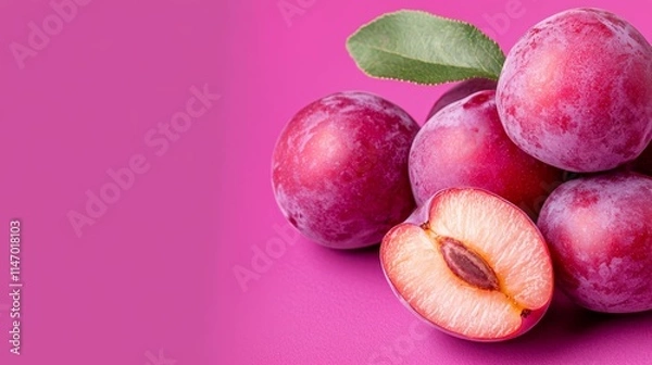 Fototapeta A bunch of plums with a slice cut in half on a pink background