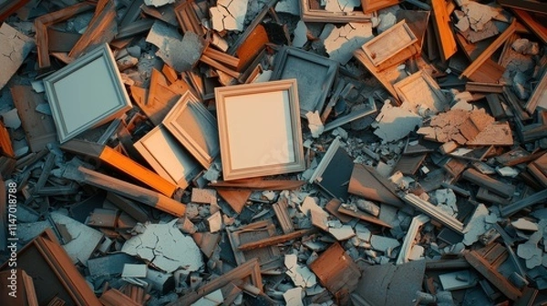 Fototapeta A chaotic arrangement of broken frames and debris, showcasing a blend of textures and colors in a disordered setting.