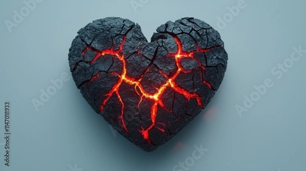 Obraz A cracked, black heart with glowing red fissures against a light background, symbolizing pain or emotional turmoil.