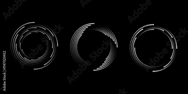 Obraz Set of white dotted vortex shapes. Geometric art. Circle form. Trendy design element for logo, tattoo, sign, symbol, web, prints, posters, social media, template, pattern, abstract backdrop