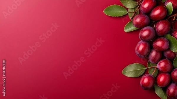Fototapeta A bunch of plums with leaves on a red background