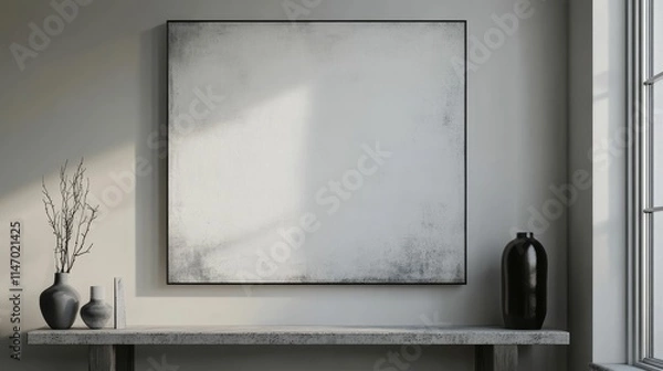Fototapeta Minimalist room, textured art, vases, branches, shelf.