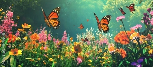 Fototapeta Colorful butterflies fly over a field of vibrant wildflowers.