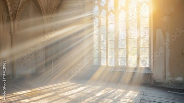Fototapeta Copy space featuring a tranquil scene of a church window with soft sunlight streaming in
