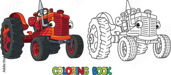 Obraz Funny small retro tractor with eyes. Coloring book
