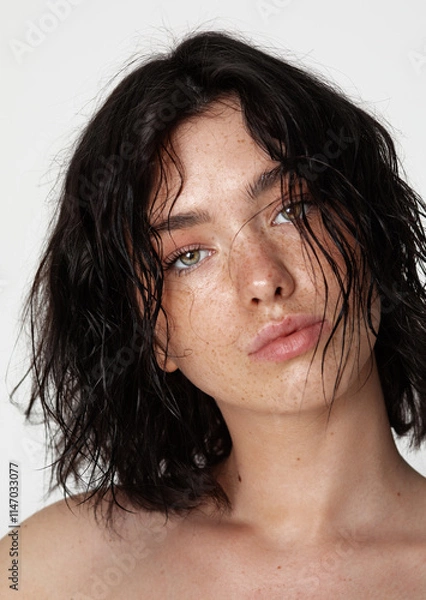 Obraz Minimalist portrait of a young woman with wavy black hair and subtle freckles, gazing directly at the camera, set against a bright white background
