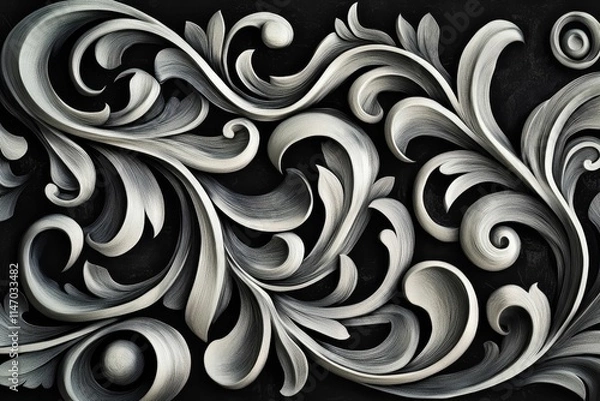 Fototapeta Ornate silver scrollwork on dark background.