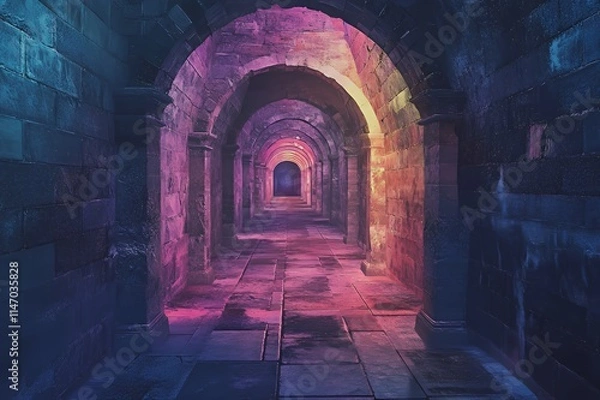 Fototapeta Ancient Stone Archway Corridor Illuminated With Purple And Pink Light