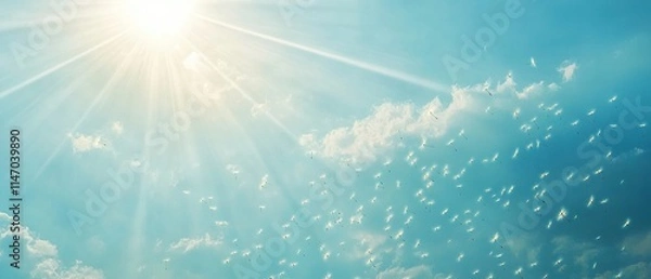 Fototapeta Dandelion seeds flying in the wind on a blue sky background with sun rays