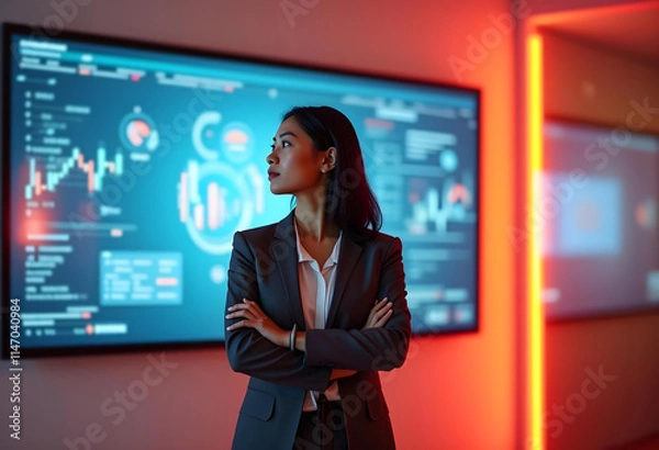 Fototapeta Confident Asian Businesswoman in a Modern Office with Digital Data Display