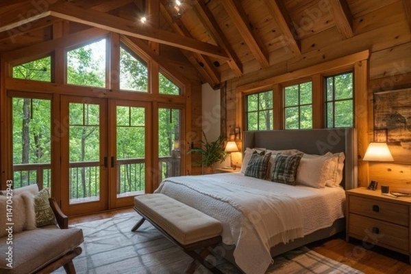 Obraz Large bedroom with a wooden floor and a white bed with a white comforter. Banner
