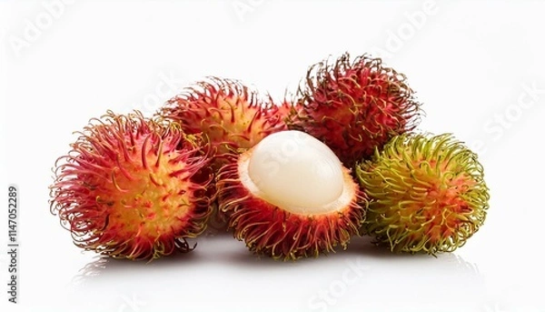 Fototapeta Fresh rambutan fruit with one cut open, showcasing its juicy white flesh.
