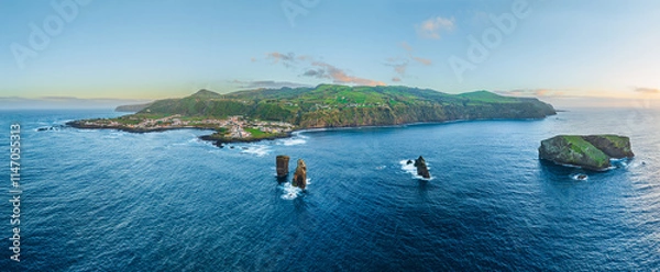 Fototapeta Aerial view on the west side of the isle of Sao Miguel with the village of Mosteiros at sunset, Azores Portugal