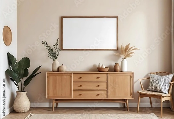 Fototapeta Modern Scandinavian Living Room with Rustic Wooden Sideboard and Blank Frame on Beige Wall