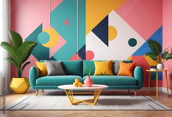 Fototapeta Modern Living Room with Vibrant Sofa and Abstract Geometric Shapes in Postmodern Memphis Style Interior Design