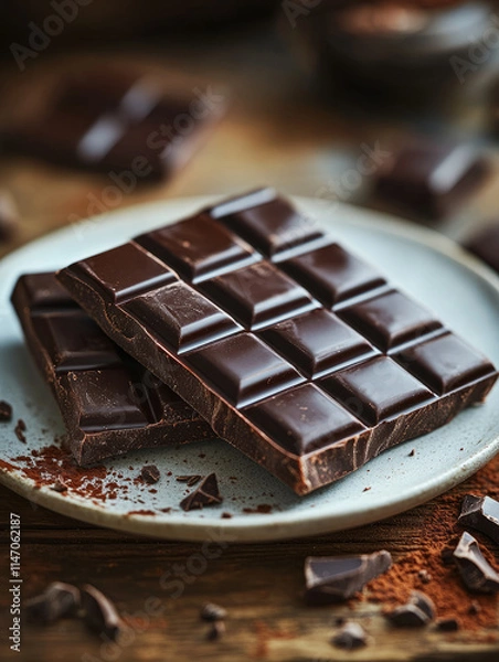 Fototapeta Dark chocolate bars on a plate with cocoa powder.