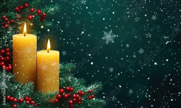 Fototapeta Candles with Christmas decorations, glowing candles surrounded by pine branches and red berries, snowflakes falling in background