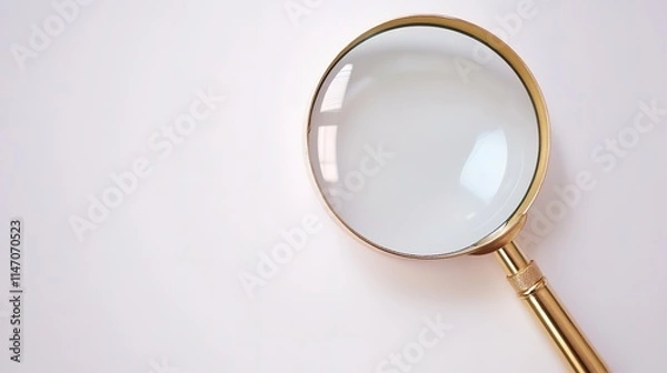 Fototapeta Magnifying glass with sleek gold handle resting on plain white s