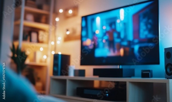 Fototapeta A cozy living room with a TV displaying a colorful scene.