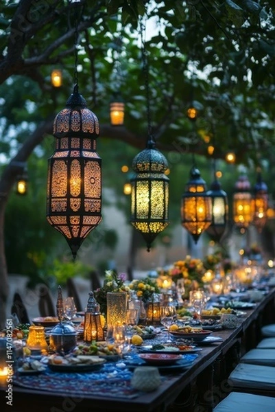 Fototapeta Outdoor dining scene, illuminated lanterns,  festive table setting.