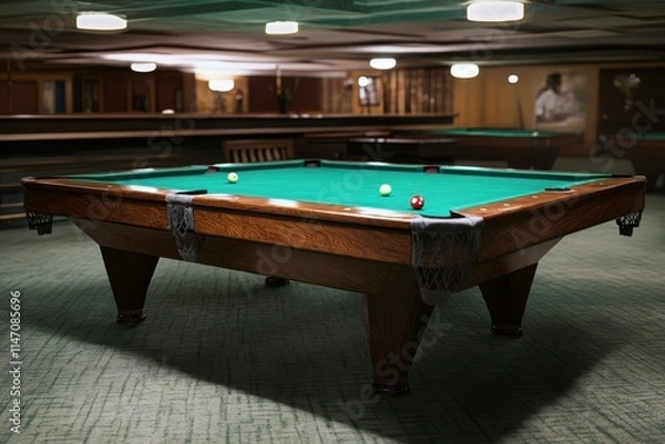Fototapeta Pool table in a dimly lit billiards room with colorful balls arranged for a game