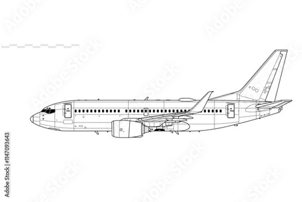 Fototapeta Boeing 737-700 Next Generation. Vector drawing of narrow-body jet airliner. Side view. Image for illustration and infographics.