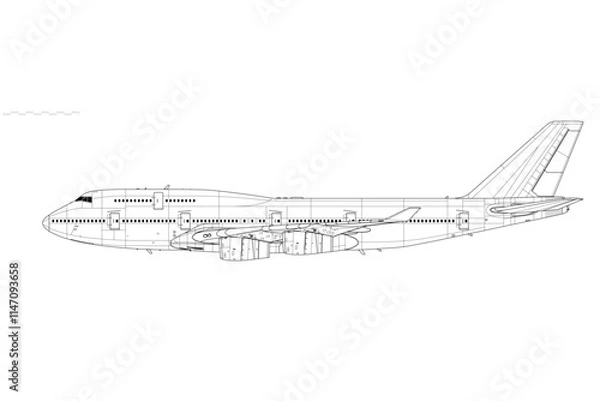 Fototapeta Boeing 747-400. Vector drawing of wide-body long-range jetliner. Side view. Image for illustration and infographics.